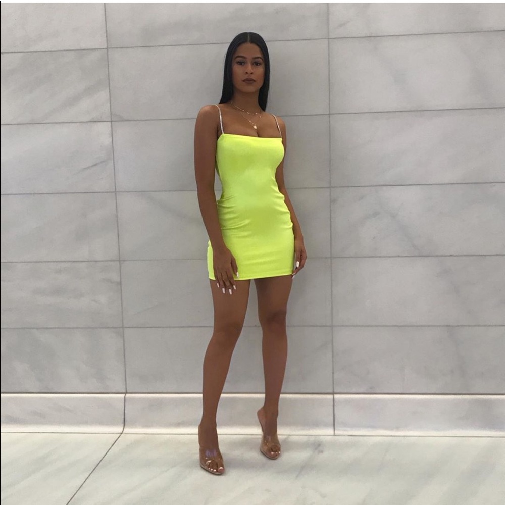 RUBY DIAMANTE STRAP MINI DRESS - NEON YELLOW